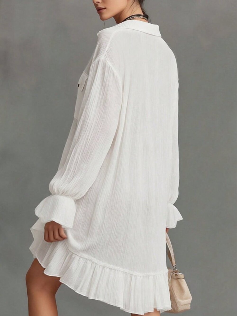 White Casual Women's Front Button Ruffle Hem Dress - Picture 3 of 4